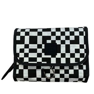 Tender Love Carry Black White Checkered Trifold Hanging Toiletry Cosmetic Bag